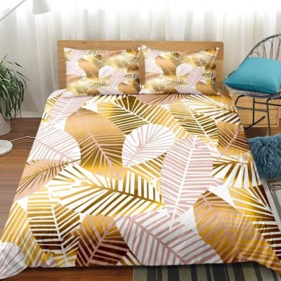 Gold 2/3-Piece Tropical Palm Leaf Pattern Duvet Cover Set