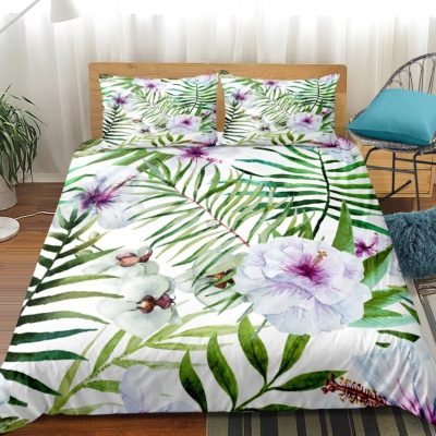 2/3-Piece Purple Floral Palm Leaf Print Duvet Cover Set