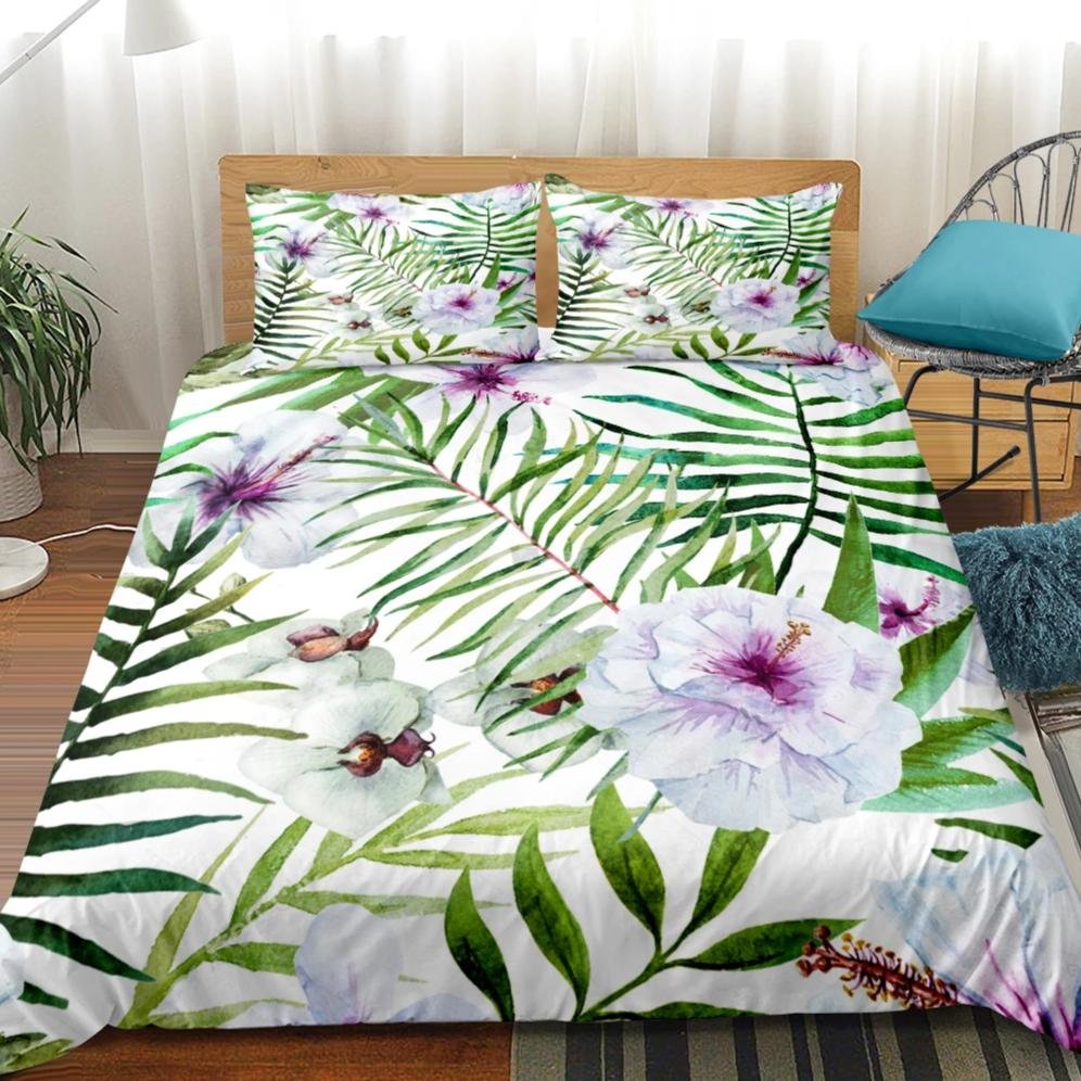 2/3-Piece Purple Floral Palm Leaf Print Duvet Cover Set
