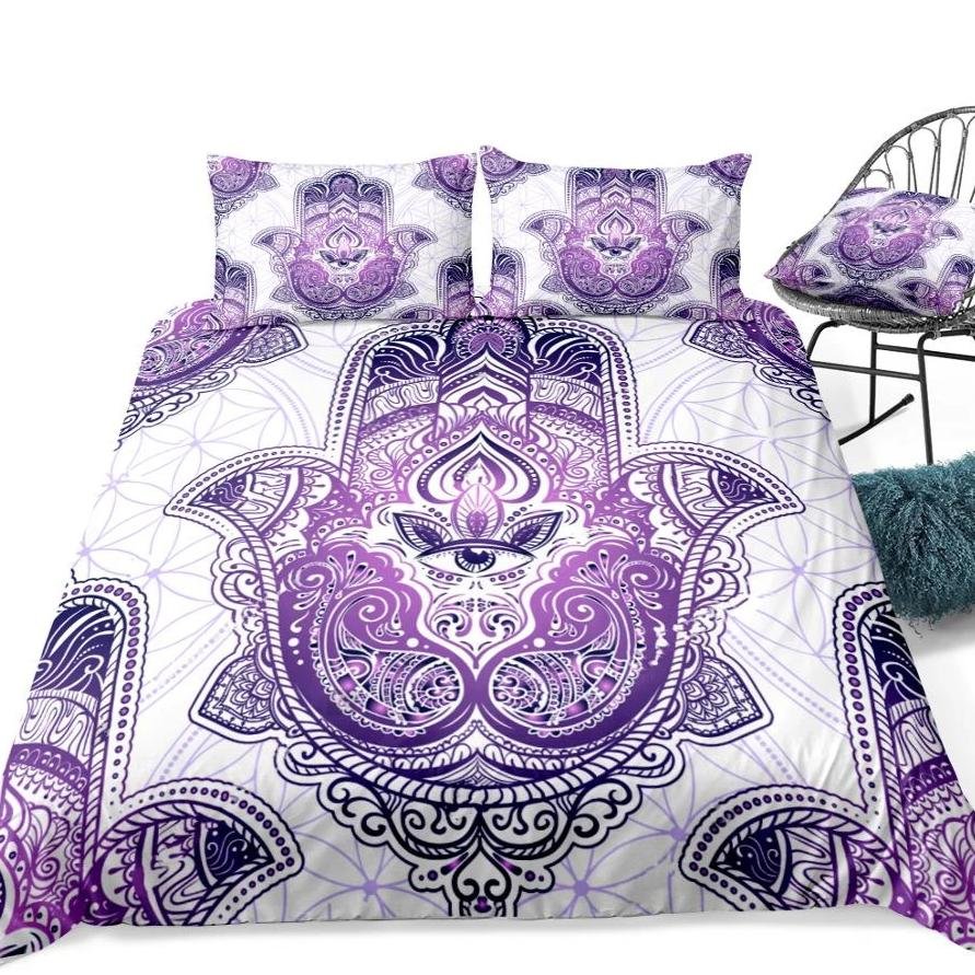 2/3-Piece Purple Bohemian Hamsa Hand Duvet Cover Set - Image 4