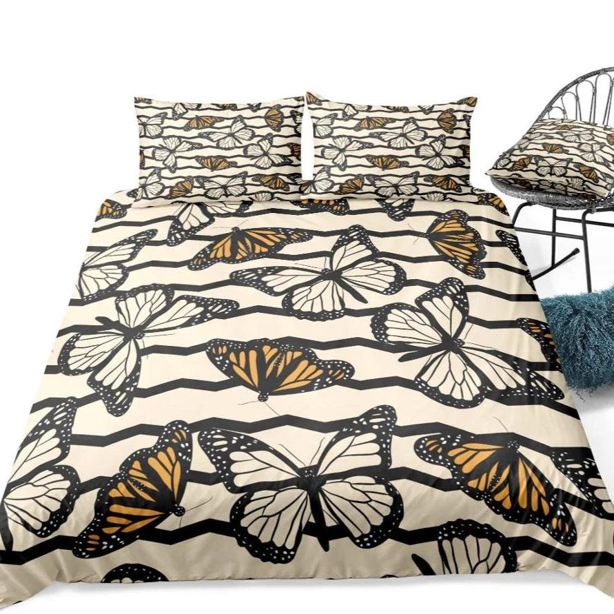 Beige 2/3-Piece Striped Butterfly Pattern Duvet Cover Set - Image 4