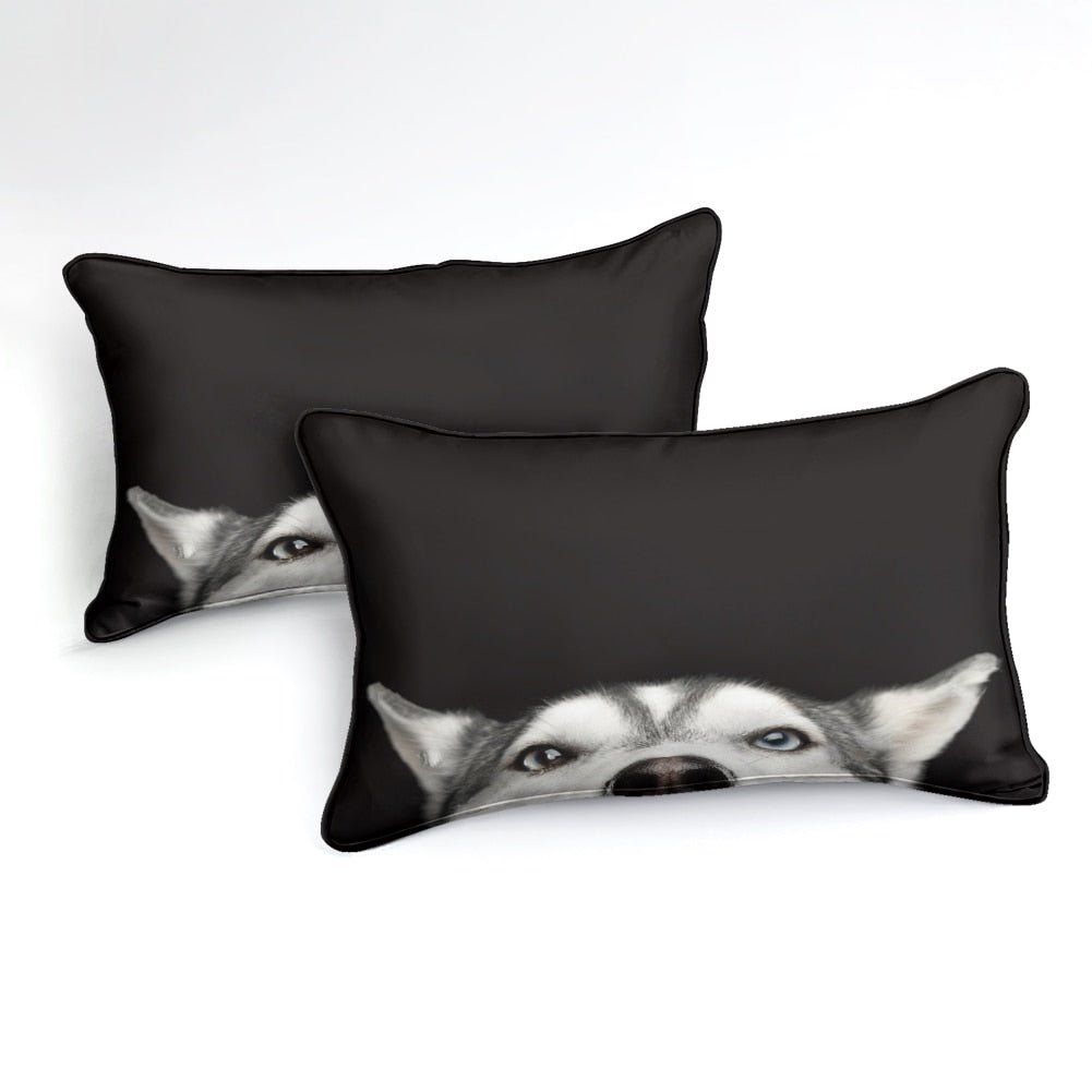 Black 2/3-Piece Peeking Husky Dog Duvet Cover Set - Image 2