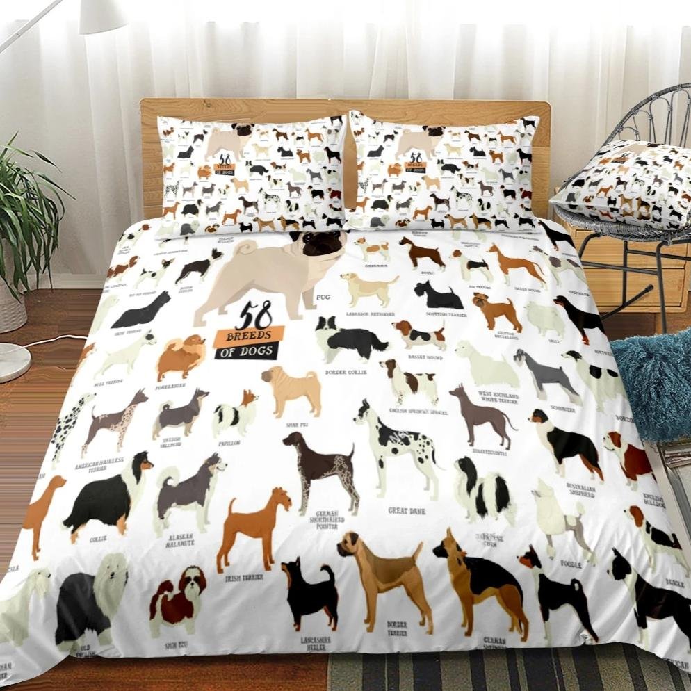 White 2/3-Piece Pet Dog Breeds Duvet Cover Set