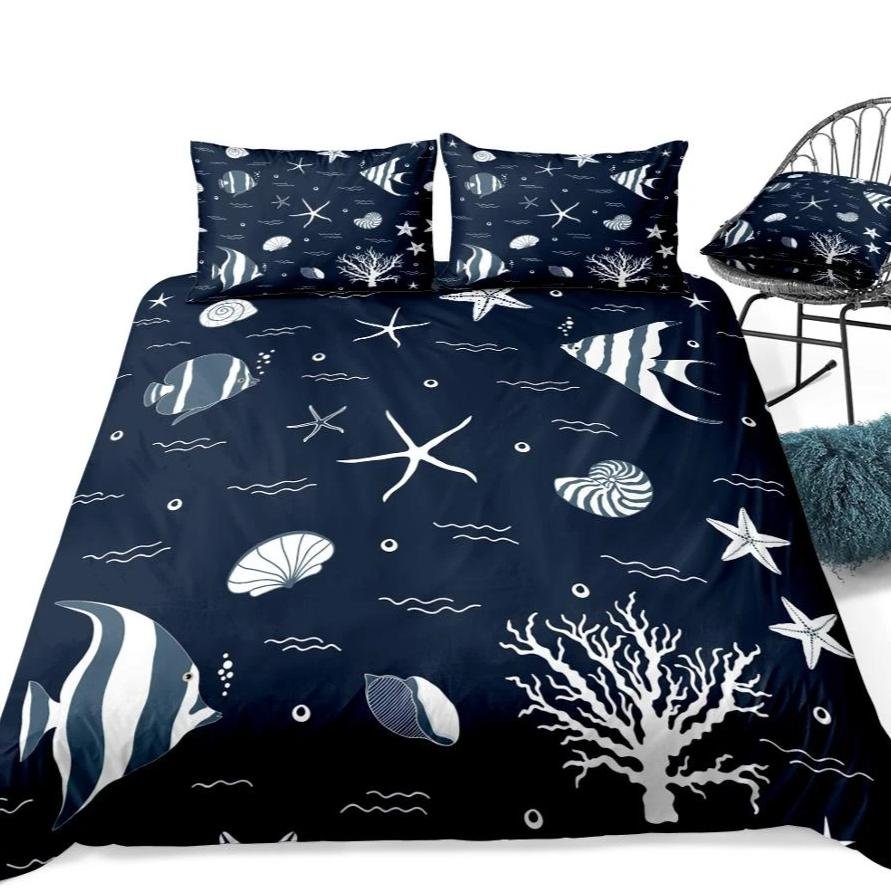 Navy Blue 2/3-Piece Nautical Sea Life Duvet Cover Set - Image 4