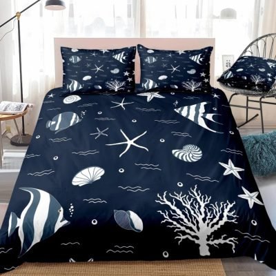 Navy Blue 2/3-Piece Nautical Sea Life Duvet Cover Set