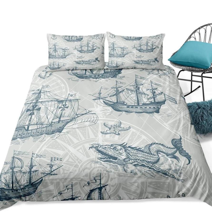 Gray 2/3-Piece Nautical Ocean Voyage Duvet Cover Set - Image 3