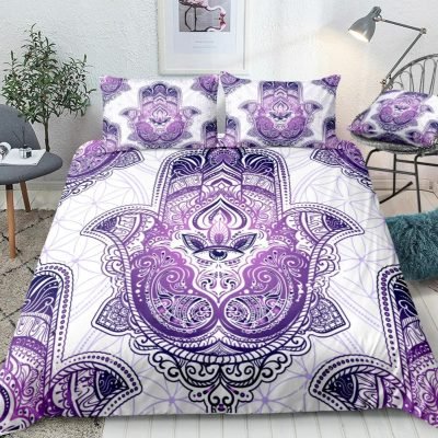 2/3-Piece Purple Bohemian Hamsa Hand Duvet Cover Set