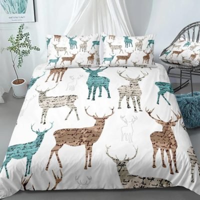 White 2/3-Piece Deer Elk Silhouette Duvet Cover Set
