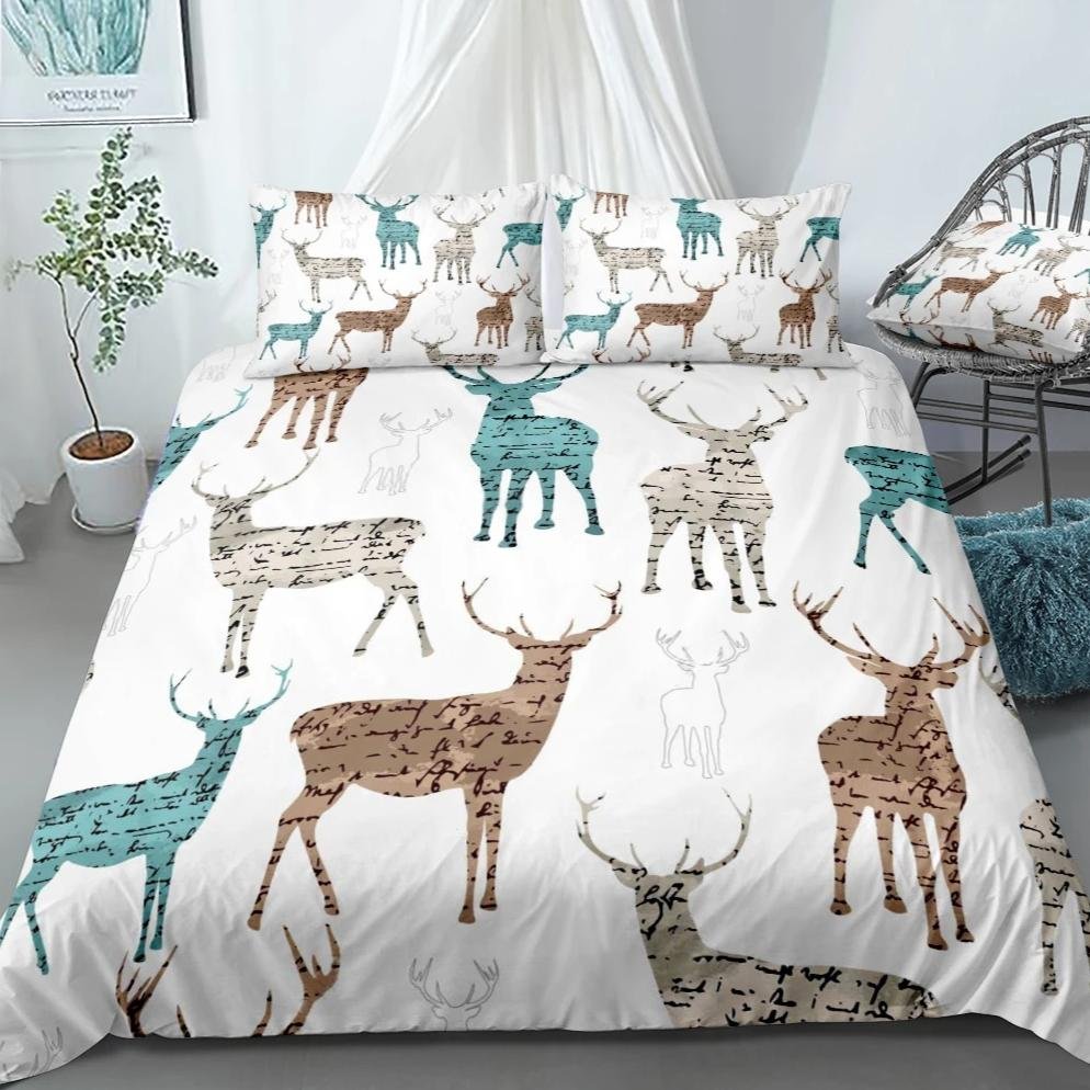 White 2/3-Piece Deer Elk Silhouette Duvet Cover Set
