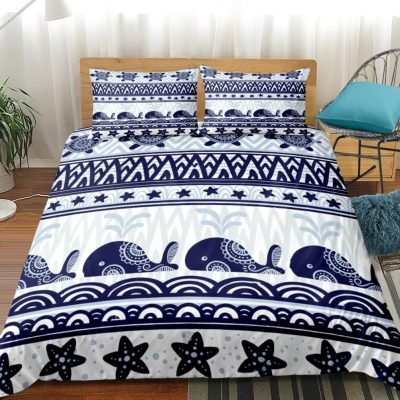 2/3-Piece Blue Boho Whale Stripe Duvet Cover Set