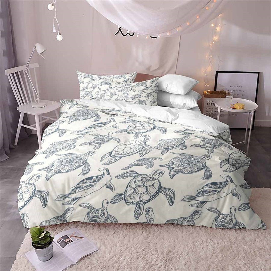White 3-Piece Sea Turtle Pattern Duvet Cover Bedding Set - Image 2
