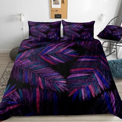Black 2/3-Piece Purple Tropical Palm Leaf Duvet Cover Set