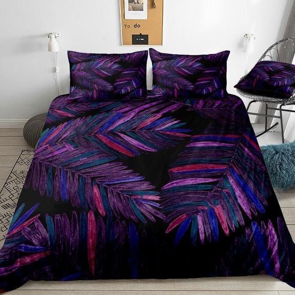 Black 2/3-Piece Purple Tropical Palm Leaf Duvet Cover Set