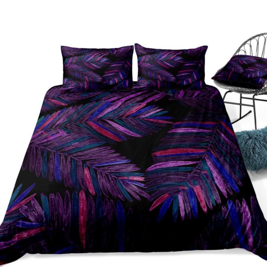 Black 2/3-Piece Purple Tropical Palm Leaf Duvet Cover Set - Image 3