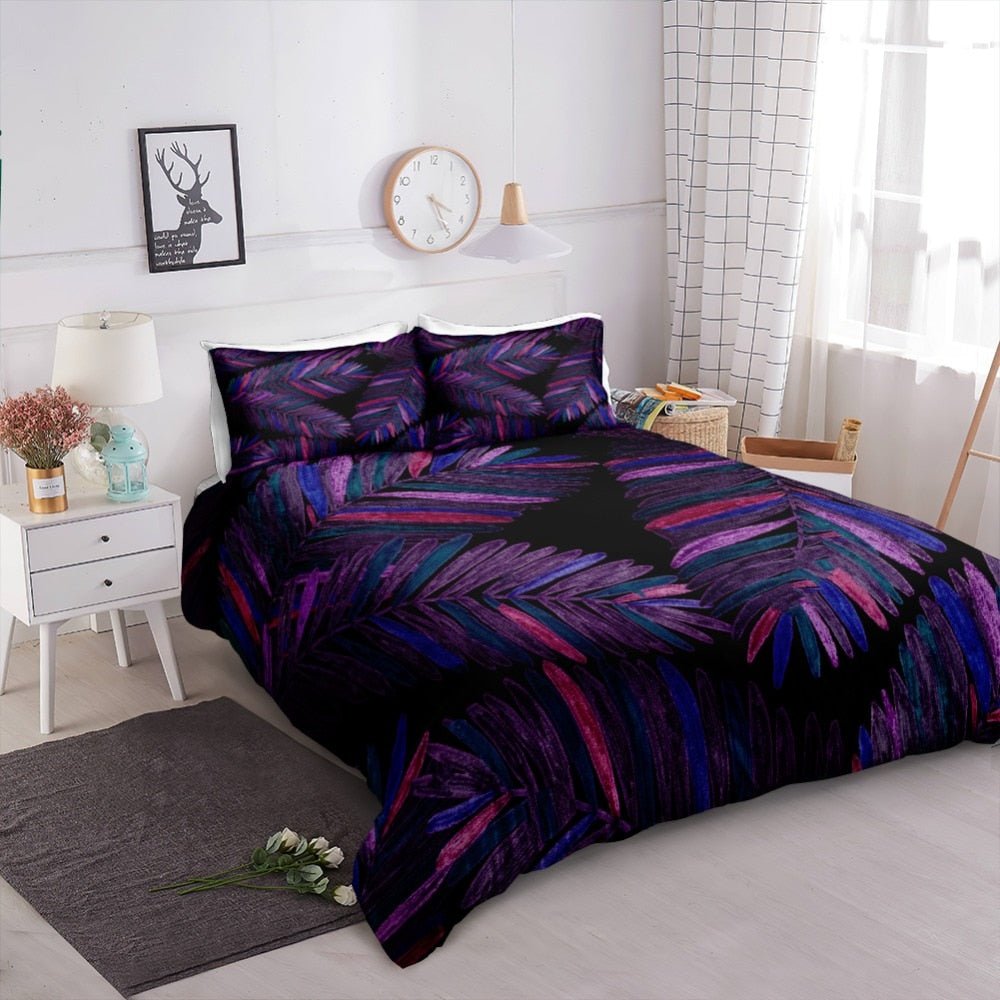 Black 2/3-Piece Purple Tropical Palm Leaf Duvet Cover Set - Image 2