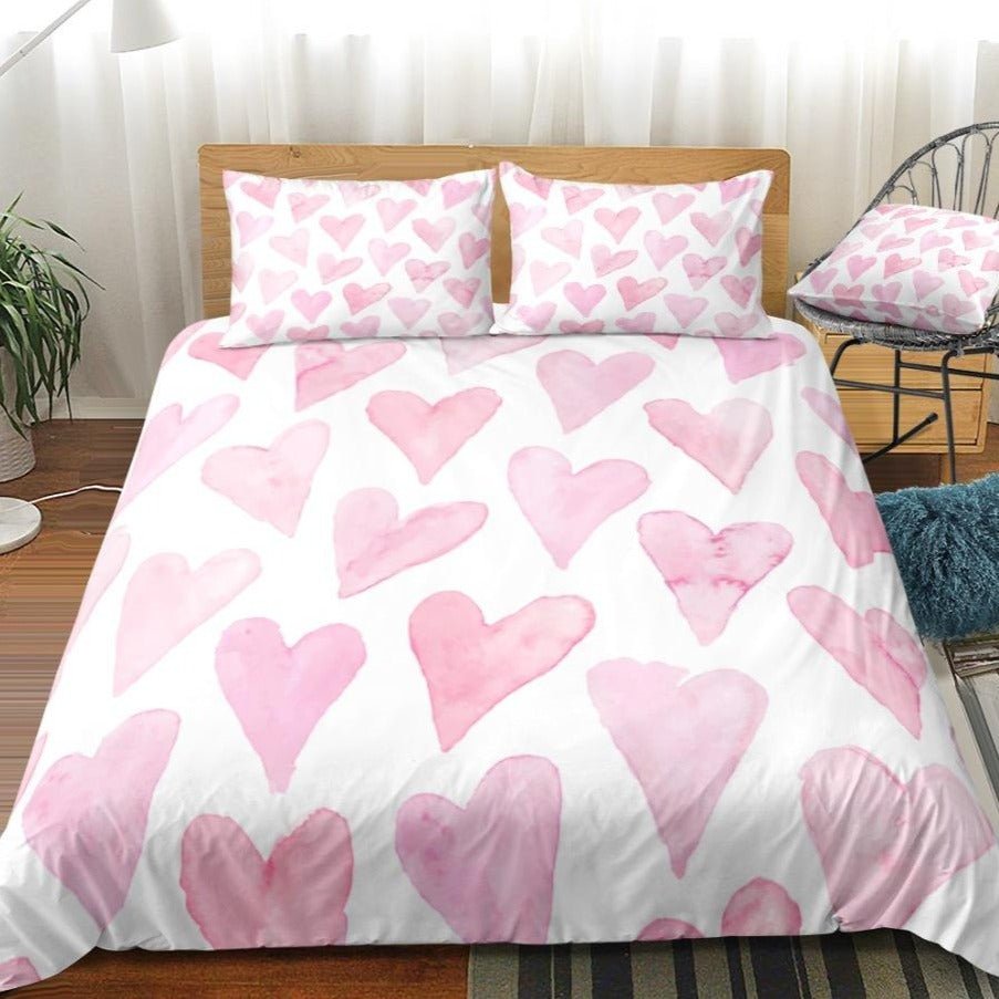 White 2/3-Piece Painted Pink Heart Pattern Duvet Cover Set