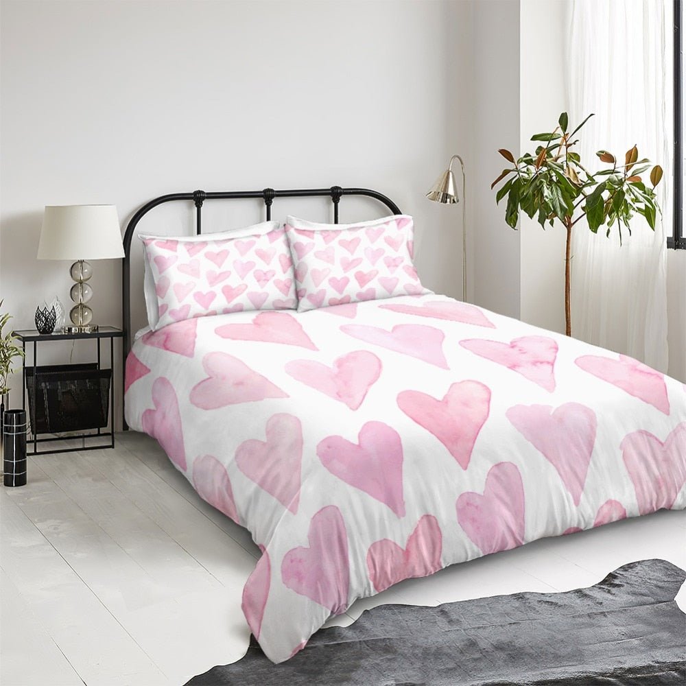 White 2/3-Piece Painted Pink Heart Pattern Duvet Cover Set - Image 2