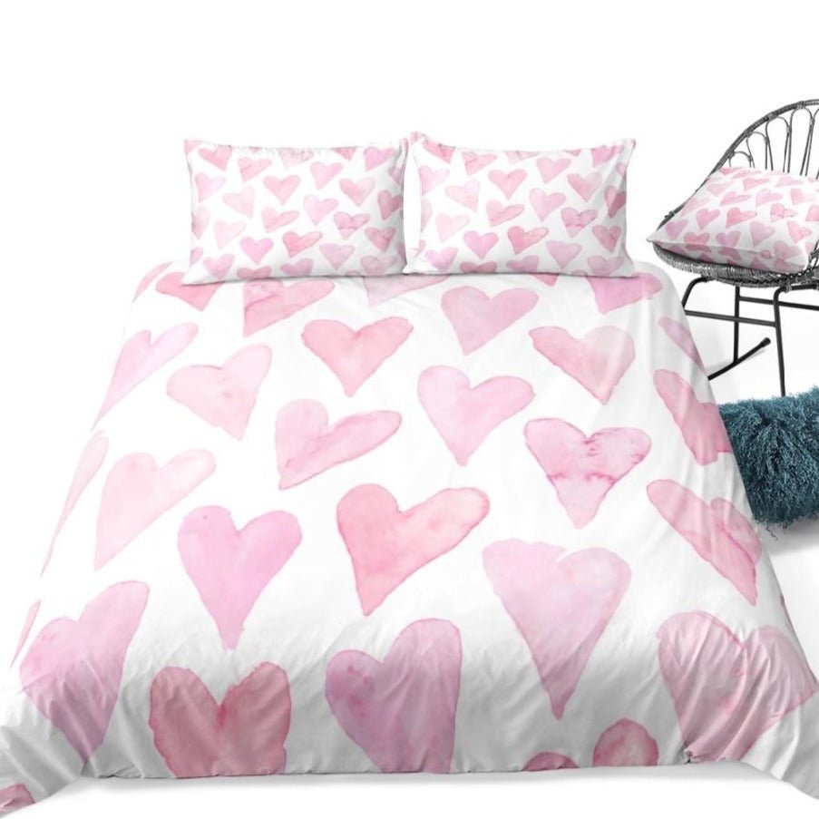 White 2/3-Piece Painted Pink Heart Pattern Duvet Cover Set - Image 4