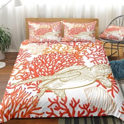 White 2/3-Piece Red Coral Sea Turtle Duvet Cover Set