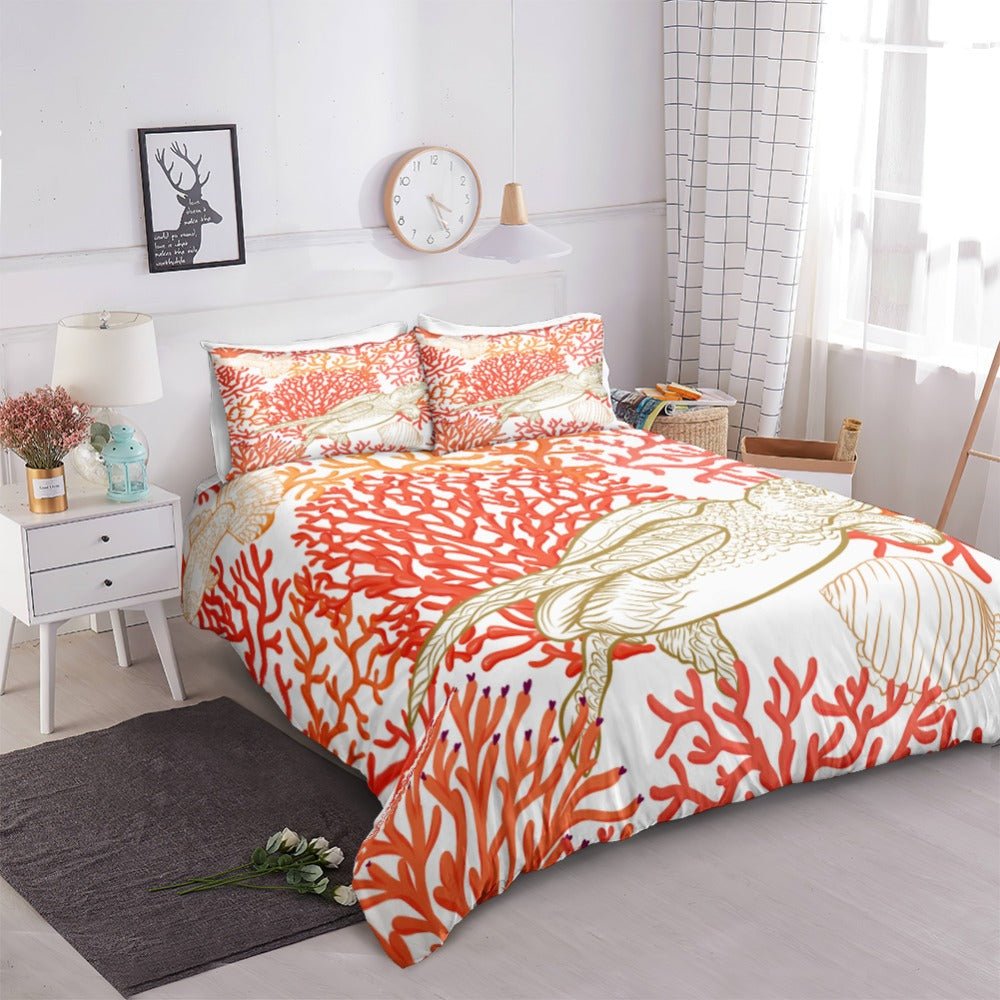 White 2/3-Piece Red Coral Sea Turtle Duvet Cover Set - Image 2