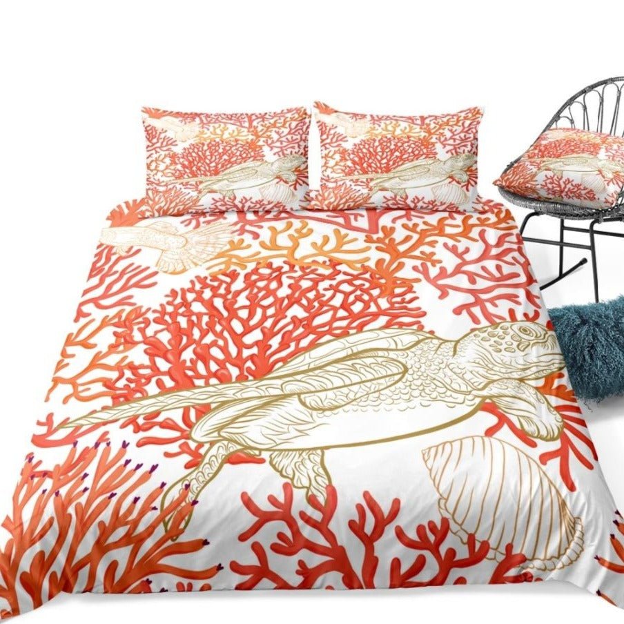 White 2/3-Piece Red Coral Sea Turtle Duvet Cover Set - Image 4