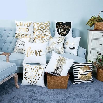 18?? White & Gold Printed Microfiber Throw Pillow Cover