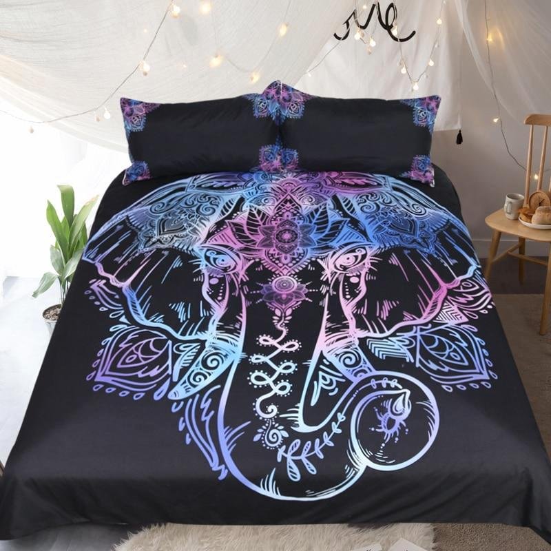 Black 3-Piece Purple Bohemian Elephant Duvet Cover Set