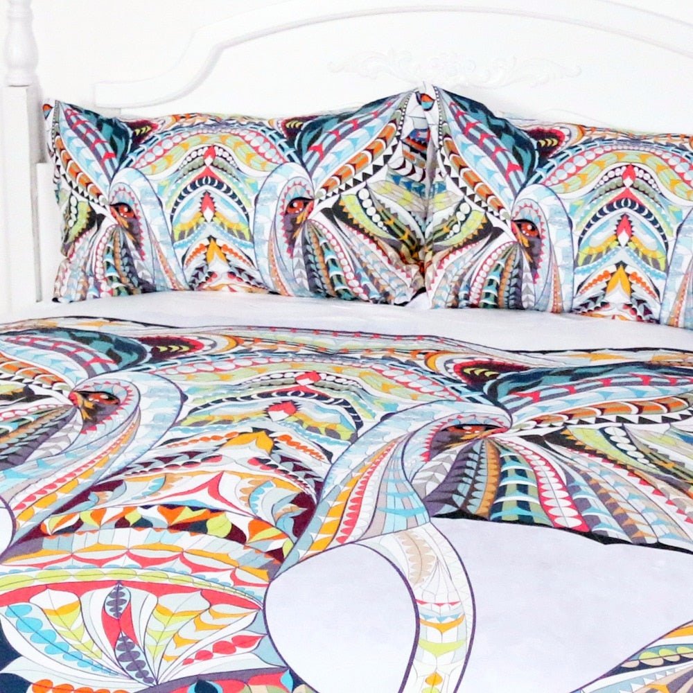 White 3-Piece Colorful Bohemian Elephant Duvet Cover Set - Image 2