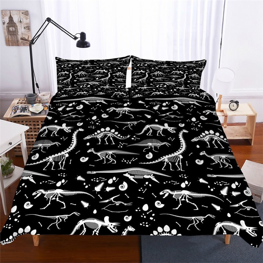Black 2/3-Piece Kids Dinosaur Fossil Duvet Cover Set