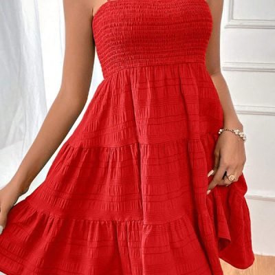 Solid Color Sleeveless Smocked Mini Dress