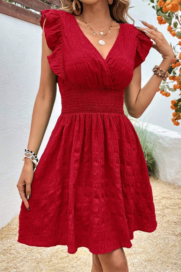 Solid Color V Neck Ruffle Sleeve Mini Dress - Image 4