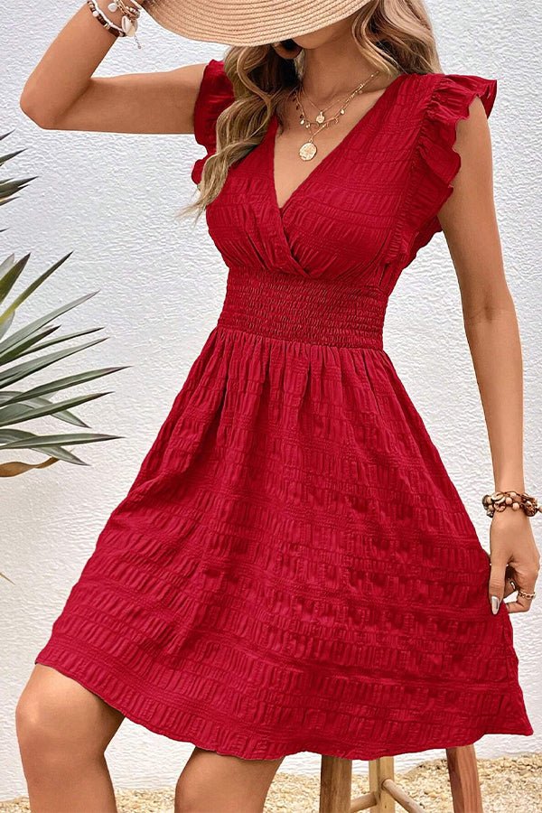 Solid Color V Neck Ruffle Sleeve Mini Dress - Image 5