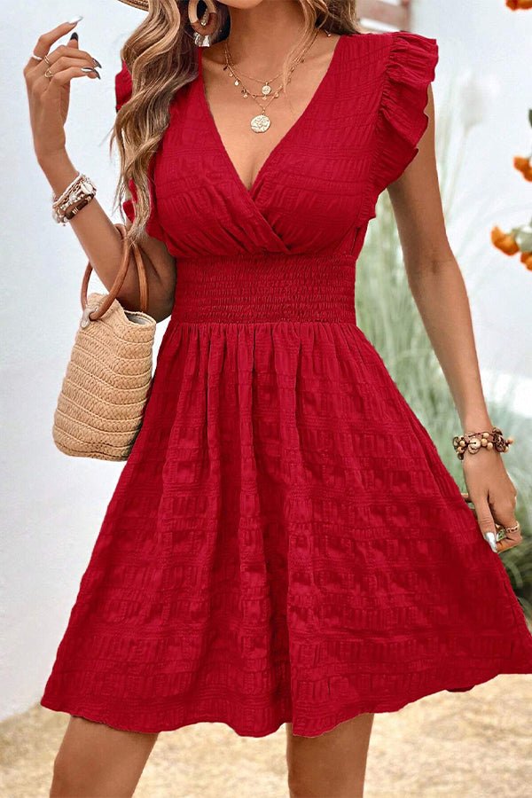 Solid Color V Neck Ruffle Sleeve Mini Dress