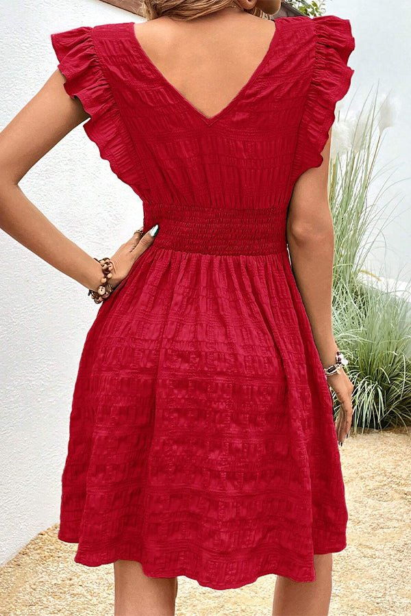 Solid Color V Neck Ruffle Sleeve Mini Dress - Image 6