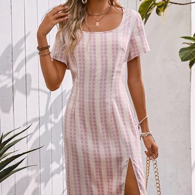 Stripe Printed Square Neck Split Side Casual Dress