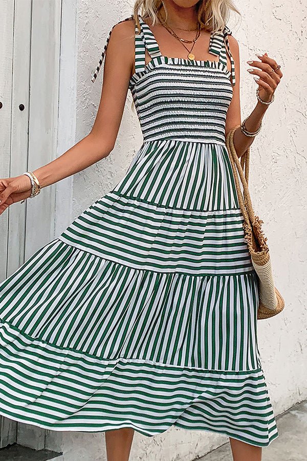 Stripe Print Smocked Chest Tie Shoulder Casual Dress - Image 2