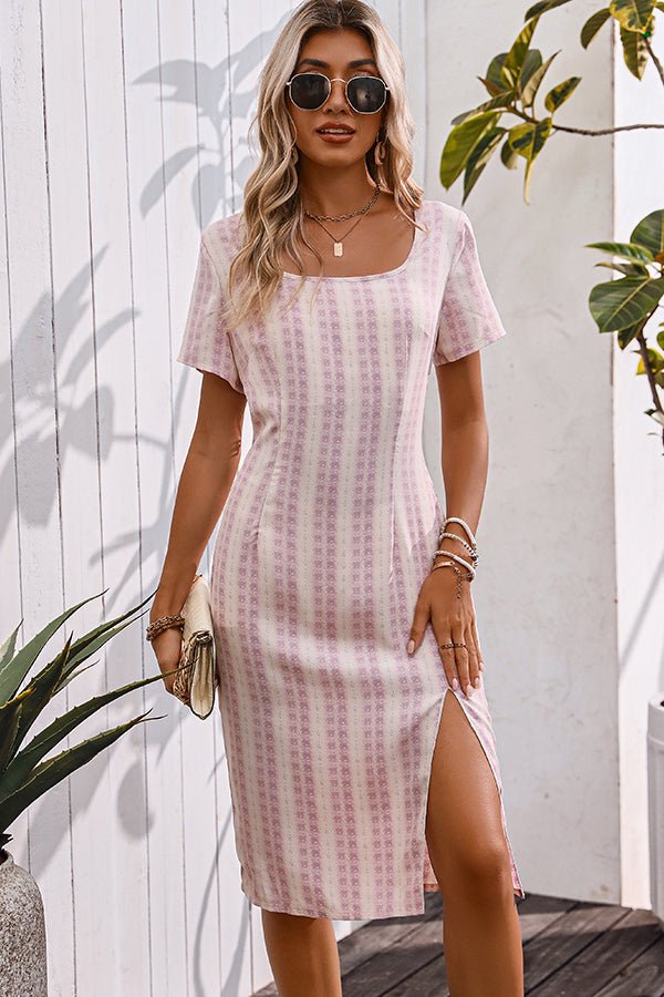 Stripe Printed Square Neck Split Side Casual Dress - Image 2