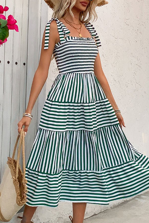 Stripe Print Smocked Chest Tie Shoulder Casual Dress - Image 4