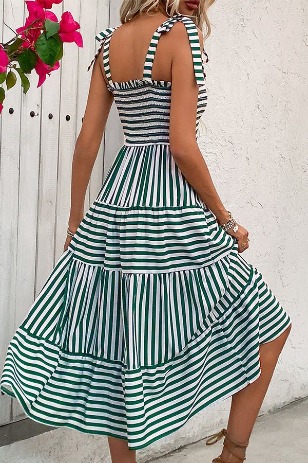 Stripe Print Smocked Chest Tie Shoulder Casual Dress - Image 6