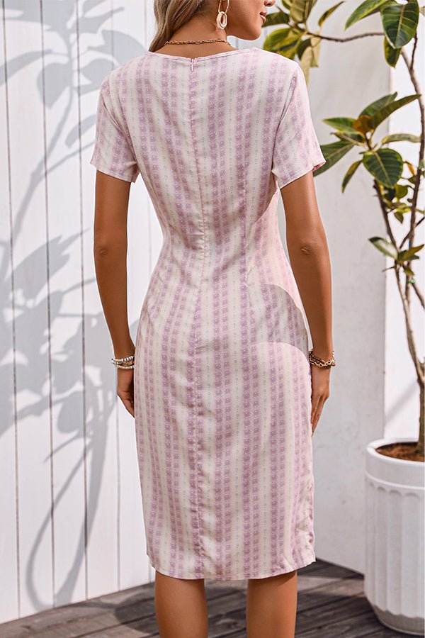 Stripe Printed Square Neck Split Side Casual Dress - Image 5