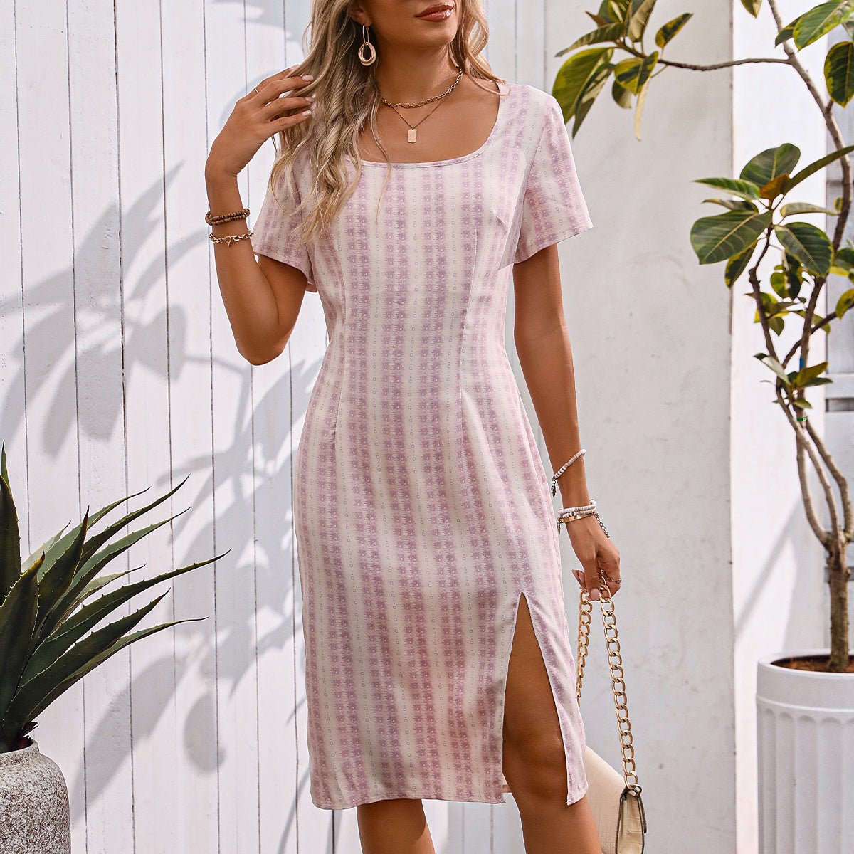 Stripe Printed Square Neck Split Side Casual Dress - Image 6