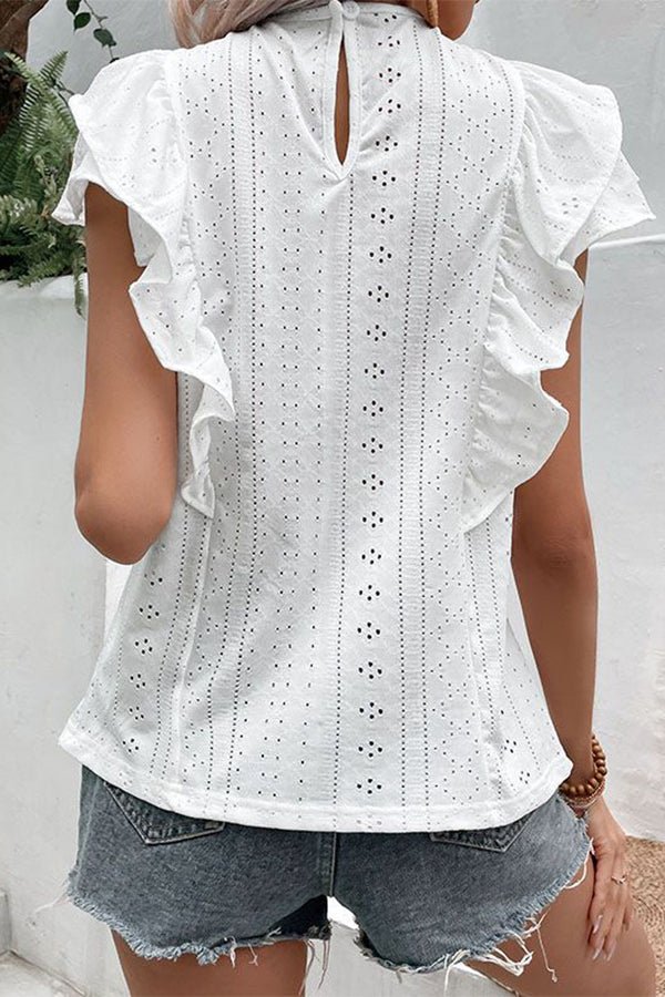 Solid Color Round Neck Ruffle Sleeve Casual Tops - Image 4