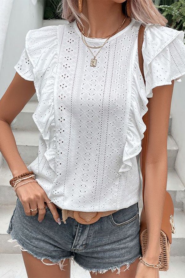 Solid Color Round Neck Ruffle Sleeve Casual Tops - Image 3