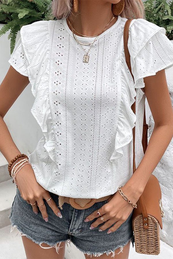 Solid Color Round Neck Ruffle Sleeve Casual Tops - Image 2