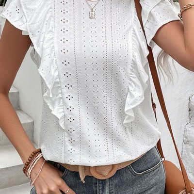 Solid Color Round Neck Ruffle Sleeve Casual Tops