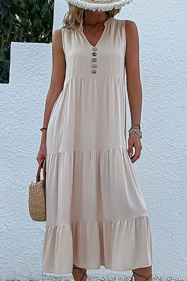 Solid Color V Neck Sleeveless Casual Dress - Image 2