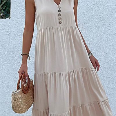 Solid Color V Neck Sleeveless Casual Dress