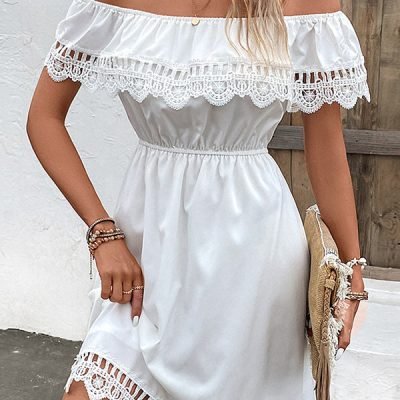 Solid Color Off The Shoulder Frill Hem Mini Dress