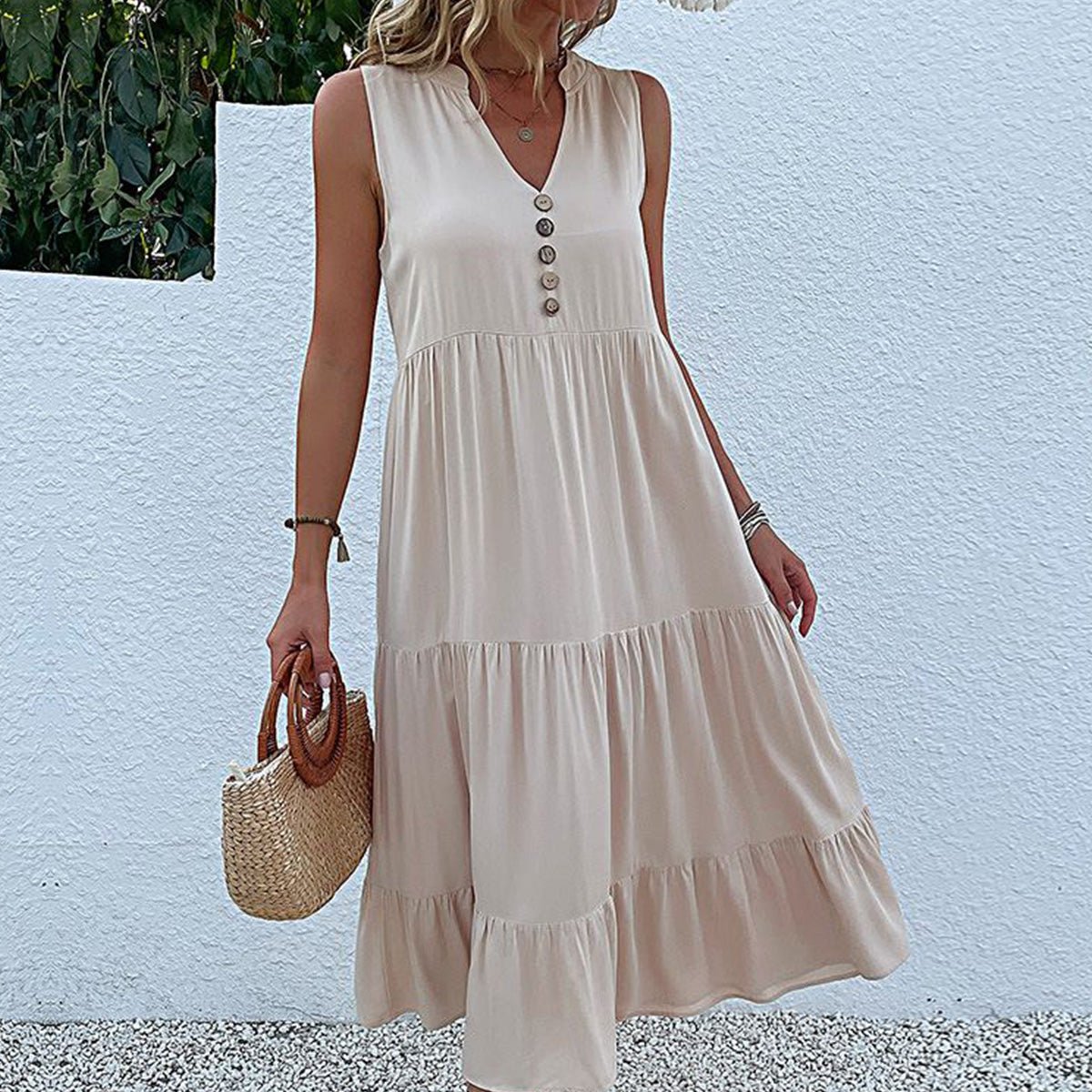 Solid Color V Neck Sleeveless Casual Dress - Image 5