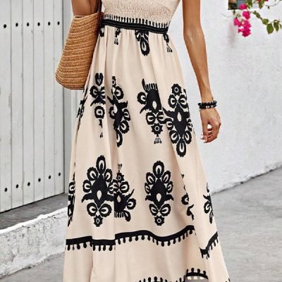 Fashion Printed Smocked Chest Holiday Style Dress